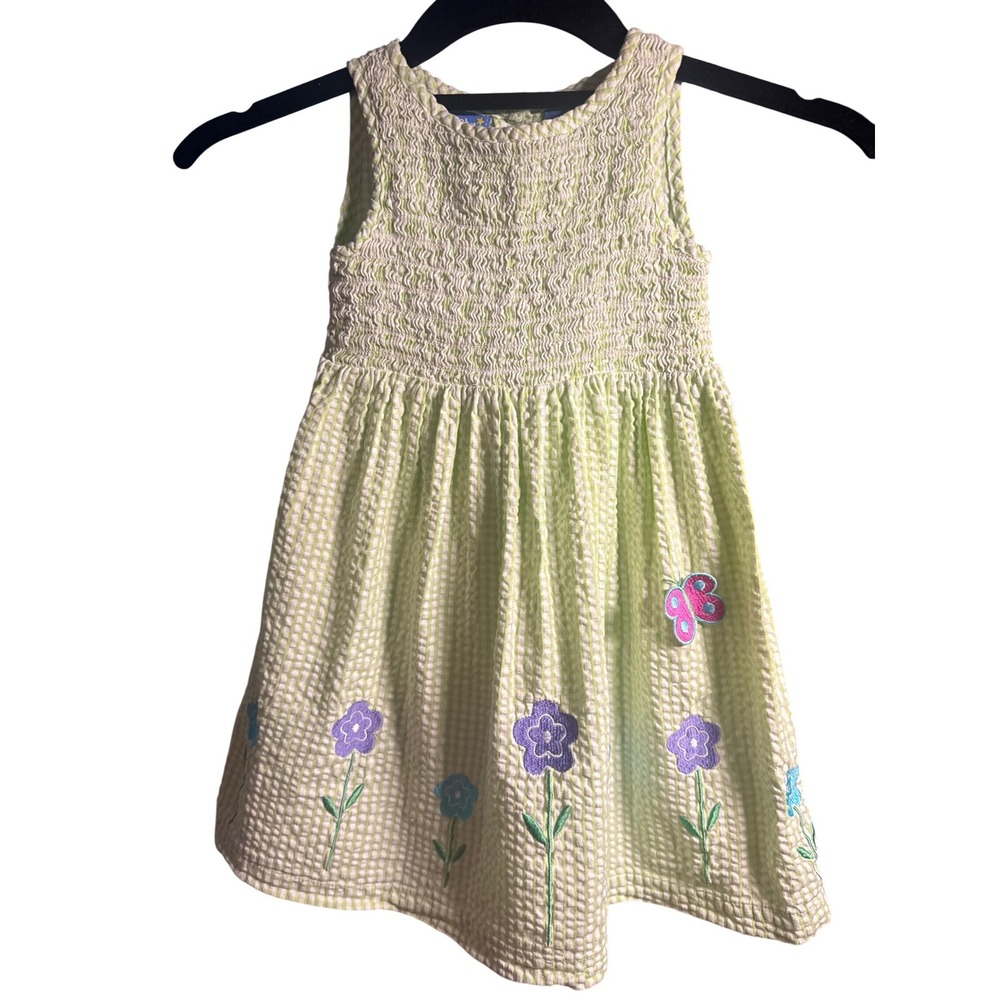 Baby Crew Girls 2T Lime Green Gingham Seersucker Smocked Floral Butterfly Dress